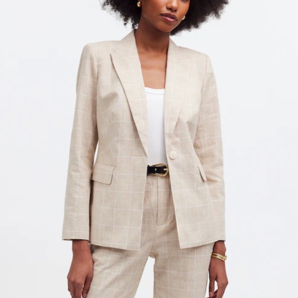 Madewell The Slim Linen Cotton Plaid Pockets Shoulder Pads‎ Blazer Women’s Sz 2